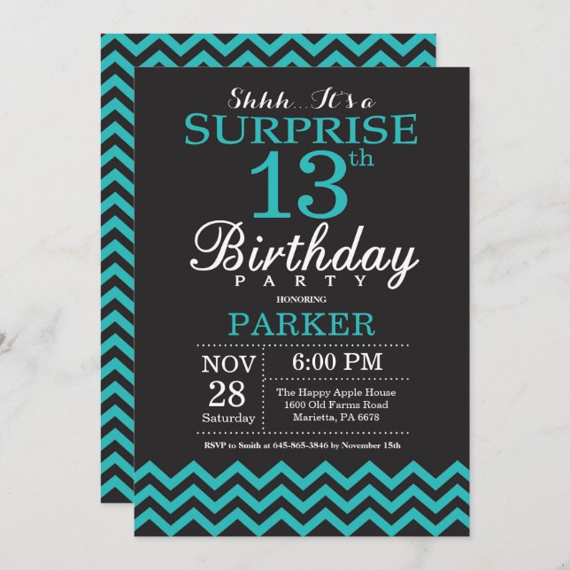 Surprise 13th Birthday Invitation Black and Teal (Front/Back)