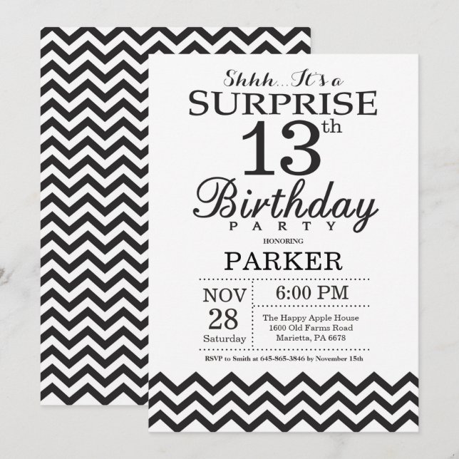 Surprise 13th Birthday Invitation Black Chevron (Front/Back)