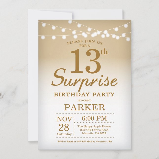 Surprise 13th Birthday Invitation Gold (Front)
