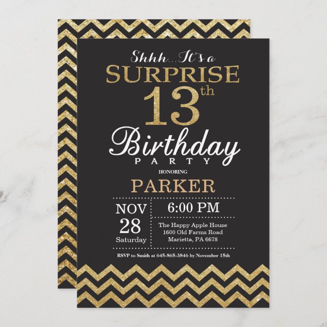 Surprise 13th Birthday Invitation Gold Glitter (Front/Back)