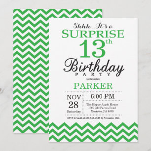 Surprise 13th Birthday Invitation Green Chevron