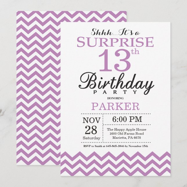 Surprise 13th Birthday Invitation Purple Chevron (Front/Back)