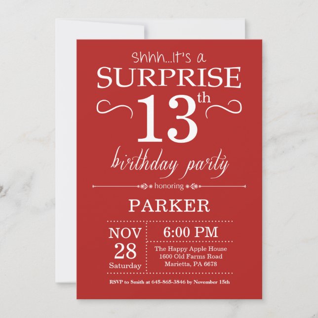 Surprise 13th Birthday Invitation Red (Front)