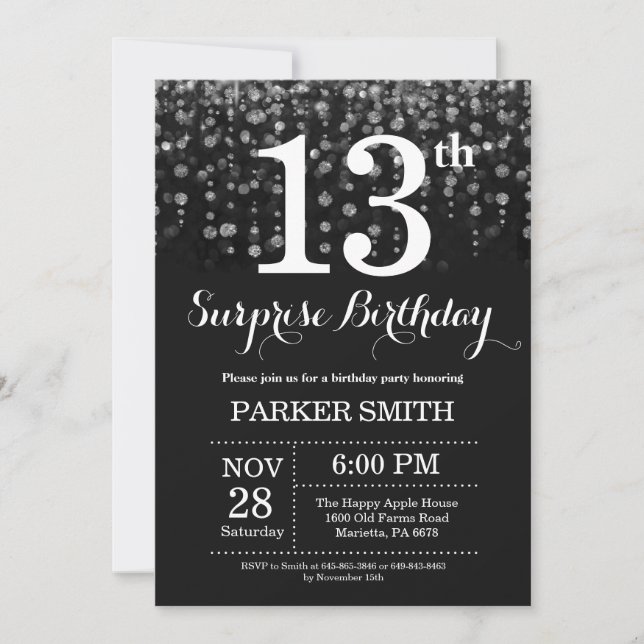 Surprise 13th Birthday Invitation Silver Glitter (Front)