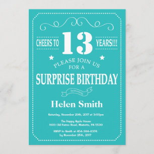 Surprise 13th Birthday Invitation Teal and White