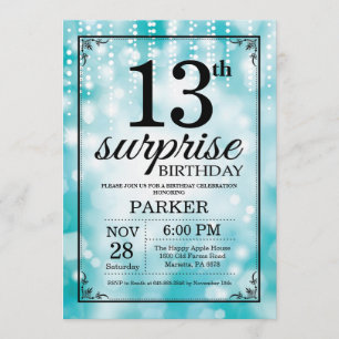 Surprise 13th Birthday Invitation Teal Glitter