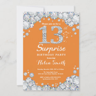 Surprise 13th Birthday Orange and Silver Diamond Invitation