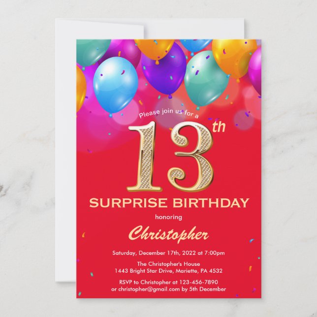 Surprise 13th Birthday Red and Gold Balloons Invitation (Front)