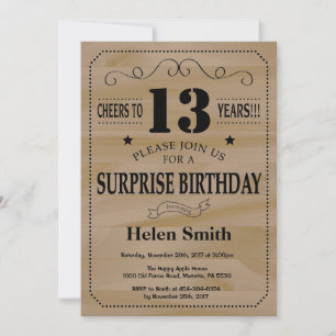 Surprise 13th Birthday Rustic Wood Invitation