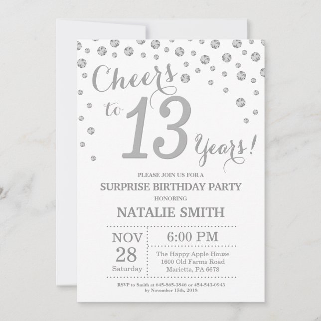 Surprise 13th Birthday Silver Glitter Diamond Invitation (Front)