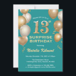 Surprise 13th Birthday Teal and Gold Balloons Invitation<br><div class="desc">Surprise 13th Birthday Teal and Gold Glitter Balloons Birthday Invitation. For further customisation,  please click the "Customise it" button and use our design tool to modify this template.</div>