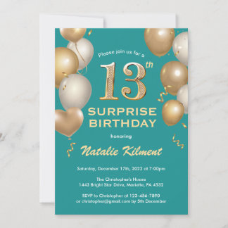 Surprise 13th Birthday Teal and Gold Balloons Invitation
