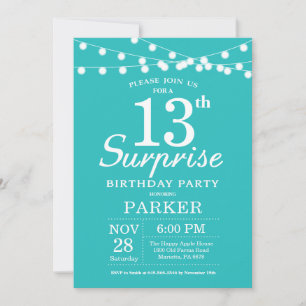 Surprise 13th Birthday Teal Aqua Turquoise Invitation