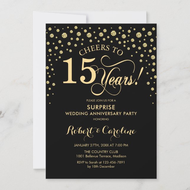 Surprise 15th Anniversary Celebration - Black Gold Invitation (Front)