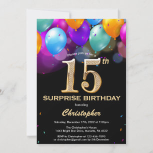 Surprise 15th Birthday Black and Gold Balloons Invitation