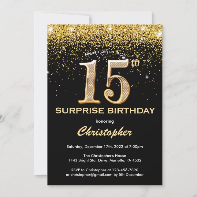 Surprise 15th Birthday Black and Gold Glitter Invitation (Front)