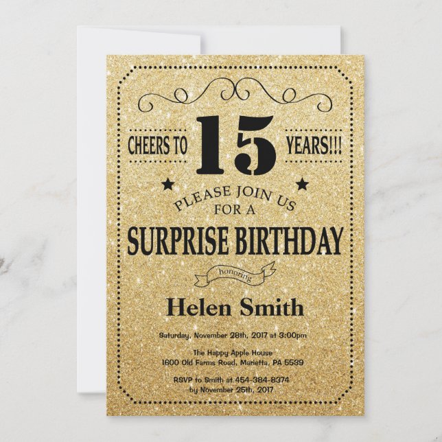 Surprise 15th Birthday Black and Gold Glitter Invitation (Front)