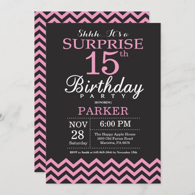 Surprise 15th Birthday Black and Pink Chevron Invitation (Front/Back)