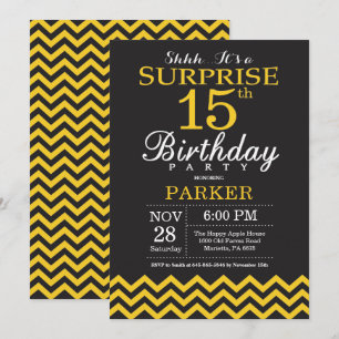 Surprise 15th Birthday Black and Yellow Chevron Invitation