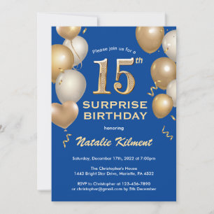 Surprise 15th Birthday Blue and Gold Balloons Invitation
