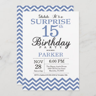 Surprise 15th Birthday Blue Chevron Invitation