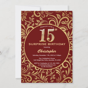 Surprise 15th Birthday Burgundy Red & Gold Floral Invitation