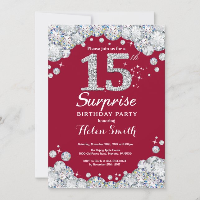 Surprise 15th Birthday Burgundy Red Silver Diamond Invitation (Front)