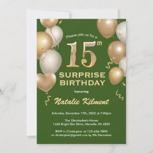 Surprise 15th Birthday Green and Gold Balloons Invitation
