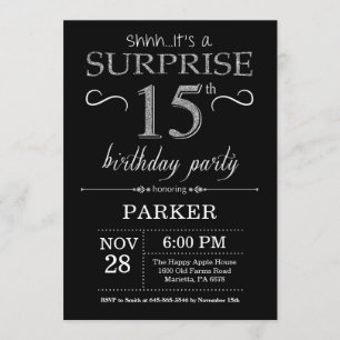 Surprise 15th Birthday Invitation Black and Silver