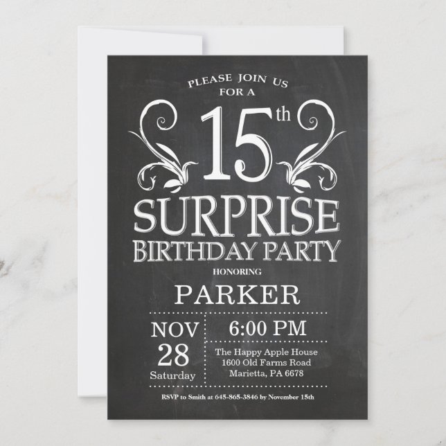 Surprise 15th Birthday Invitation Chalkboard (Front)
