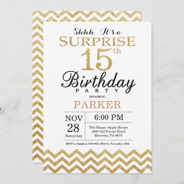 Surprise 15th Birthday Invitation Gold Glitter (Front/Back)