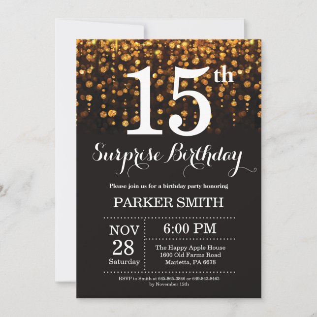 Surprise 15th Birthday Invitation Gold Glitter (Front)