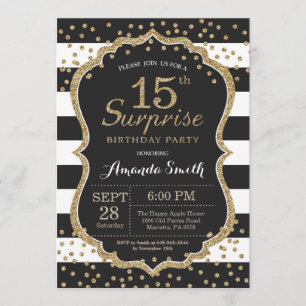 Surprise 15th Birthday Invitation. Gold Glitter Invitation