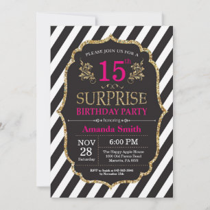 Surprise 15th Birthday Invitation Pink Black Gold