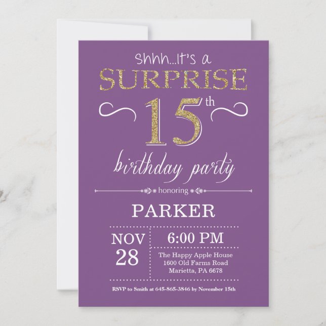 Surprise 15th Birthday Invitation Purple and Gold (Front)