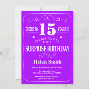 Surprise 15th Birthday Invitation Purple and White