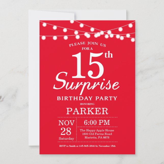 Surprise 15th Birthday Invitation Red (Front)