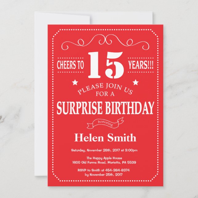 Surprise 15th Birthday Invitation Red and White (Front)