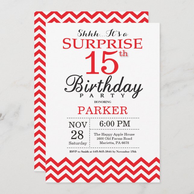 Surprise 15th Birthday Invitation Red Chevron (Front/Back)