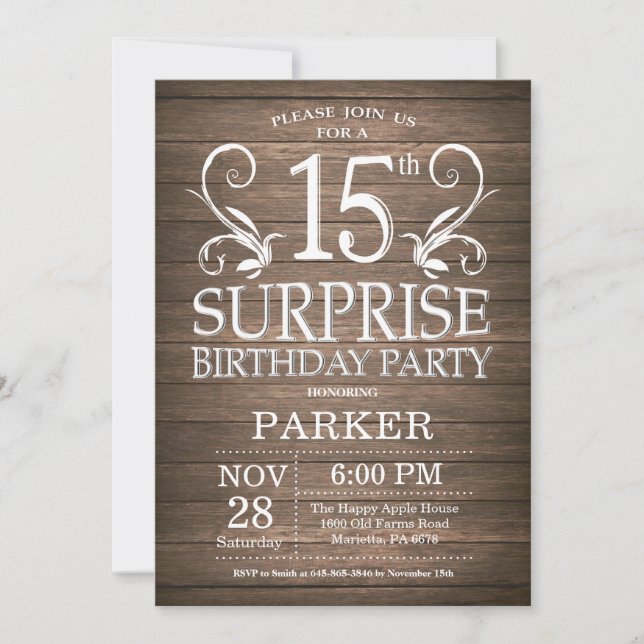 Surprise 15th Birthday Invitation Rustic Wood (Front)