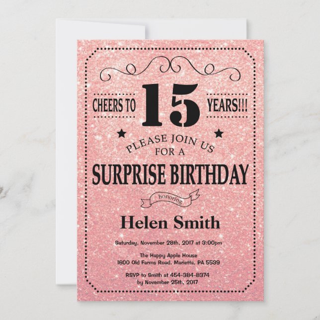 Surprise 15th Birthday Pink Rose Gold Glitter Invitation (Front)