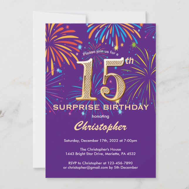 Surprise 15th Birthday Purple and Gold Firework Invitation (Front)