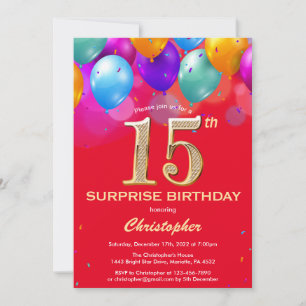 Surprise 15th Birthday Red and Gold Balloons Invitation