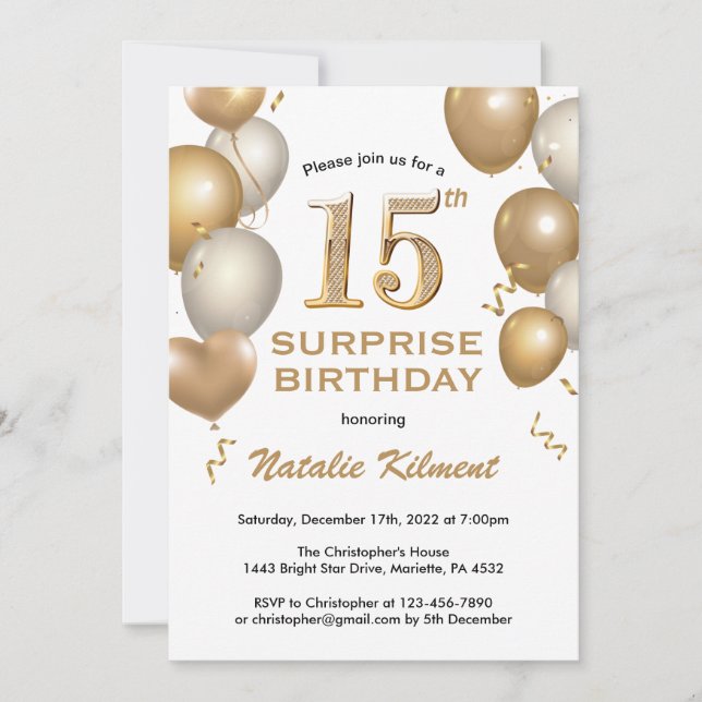Surprise 15th Birthday White and Gold Balloons Invitation (Front)