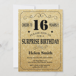 Surprise 16th Birthday Black and Gold Glitter Invitation
