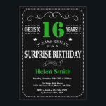 Surprise 16th Birthday Black and Green Chalkboard Invitation<br><div class="desc">Surprise 16th Birthday Invitation Black and Green Typography. Chalkboard. Black and White Background. Kids Birthday. Male Men or Women Birthday. Kids Boy or Girl Lady Teen Teenage Bday Invite. 13th 15th 16th 18th 20th 21st 30th 40th 50th 60th 70th 80th 90th 100th. Any Age. For further customisation, please click the...</div>