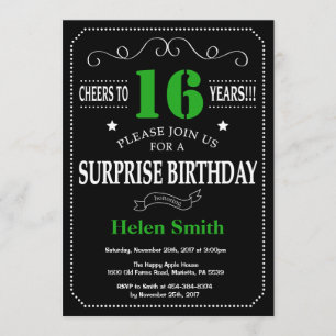 Surprise 16th Birthday Black and Green Chalkboard Invitation