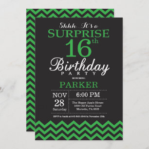 Surprise 16th Birthday Black and Green Chevron Invitation