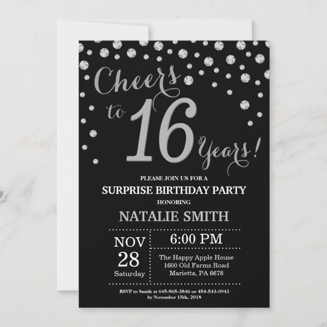 Surprise 16th Birthday Black and Silver Diamond Invitation (Front)