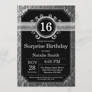 Surprise 16th Birthday Black and Silver Glitter Invitation